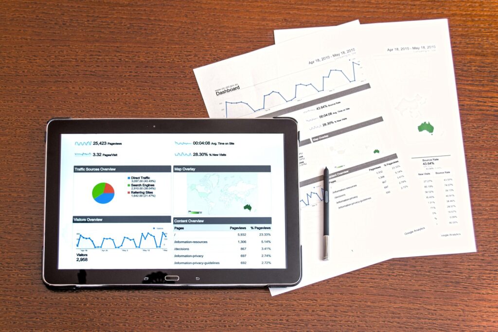 tablet with traffic chart and some data papers on a table