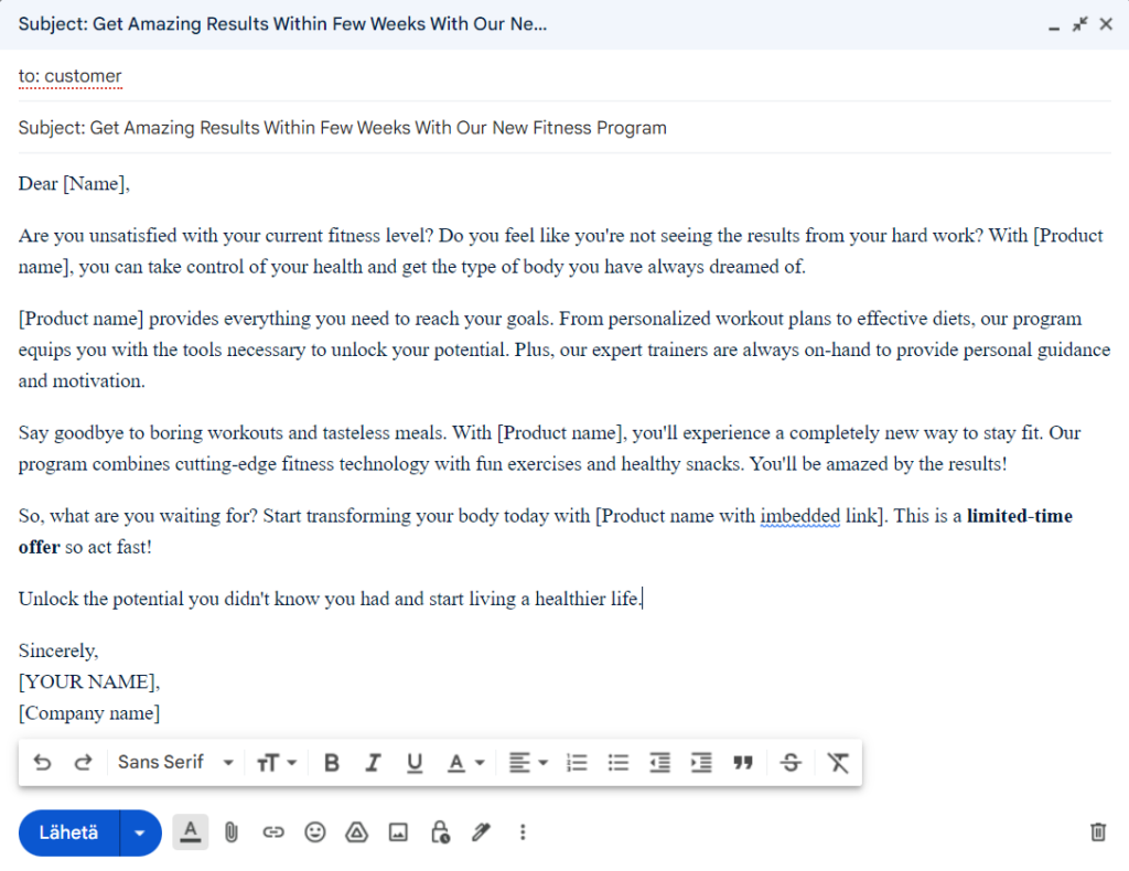 Example sales letter created in gmail.